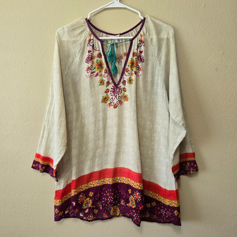 Natural Life Live Happy‎ Boho Embroidered Cotton Tunic Top Cream Purple Small